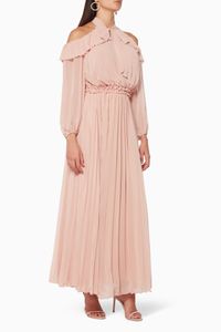 Pleated Cold-Shoulder Maxi Dress