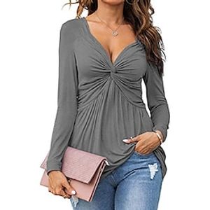 Women's Shirt Blouse Plain Black White Yellow Flowing tunic Long Sleeve Casual Fashion V Neck Regular Fit Spring   Fall Lightinthebox