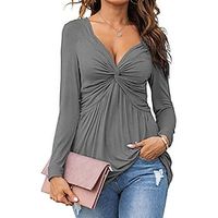 Women's Shirt Blouse Plain Black White Yellow Flowing tunic Long Sleeve Casual Fashion V Neck Regular Fit Spring   Fall Lightinthebox - thumbnail
