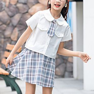 Kids Girls' Clothing Set 2 Pieces Short Sleeve Fuchsia Light Blue Plaid Pleated Daily Wear Cute Regular Above Knee 5-13 Years Lightinthebox