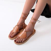 Women's Sandals Flats Platform Sandals Plus Size Daily Lace-up Flat Heel Low Heel Round Toe Casual Comfort PU Ankle Strap Light Brown Lightinthebox