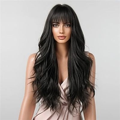 Long Light Black Wig With Bangs, Synthetic Wavy Wigs For Women, Women Long Curly Heat Resistant Brown Hair Wig, Cosplay Wig 26 Inches miniinthebox