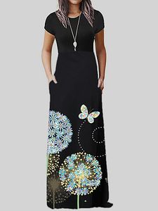 Round Neck Patch Pocket Floral Printed Maxi Dress