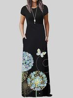 Round Neck Patch Pocket Floral Printed Maxi Dress - thumbnail
