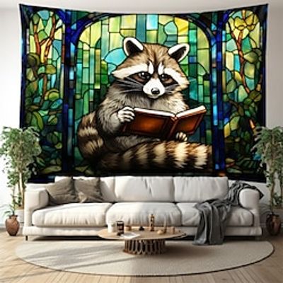 Stained Glass Hanging Tapestry Wall Art Raccoon Reading Large Tapestry Mural Decor Photograph Backdrop Blanket Curtain Home Bedroom Living Room Decoration Lightinthebox