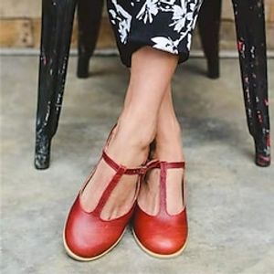 Women's Flats Daily Plus Size Summer Flat Heel Round Toe Vintage Classic Faux Leather T-Strap Solid Colored Black Burgundy Beige Lightinthebox