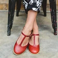 Women's Flats Daily Plus Size Summer Flat Heel Round Toe Vintage Classic Faux Leather T-Strap Solid Colored Black Burgundy Beige Lightinthebox - thumbnail