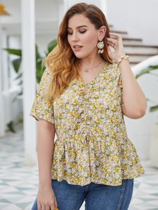 Plus Size V-neck Calico Drawstring Short Sleeves Blouse