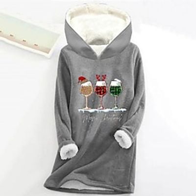Women's Hoodie Sweatshirt Pullover Christmas Sweatshirt Sherpa Fleece Lined Graphic Warm Fuzzy Festival Print Black Pink Dark Pink Christmas Casual Hoodie Long Sleeve Top Micro-elastic Fall  Winter Lightinthebox