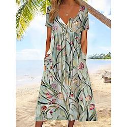 Women's Casual Dress A Line Dress Floral Leaf Button Pocket Crew Neck Midi Dress Streetwear A Line Street Holiday Short Sleeve Summer Lightinthebox