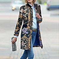 Women's Coat Street Daily Going out Fall Winter Regular Coat Regular Fit Warm Breathable Casual Jacket Long Sleeve Floral Print Black miniinthebox - thumbnail