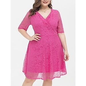 Women's Plus Size Curve Party Dress Lace Dress Cocktail Dress Midi Dress Fuchsia Half Sleeve Pure Color Lace Summer Spring Fall V Neck Fashion Birthday Wedding Guest Vacation 2023 XL XXL 3XL 4XL Lightinthebox