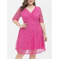 Women's Plus Size Curve Party Dress Lace Dress Cocktail Dress Midi Dress Fuchsia Half Sleeve Pure Color Lace Summer Spring Fall V Neck Fashion Birthday Wedding Guest Vacation 2023 XL XXL 3XL 4XL Lightinthebox - thumbnail