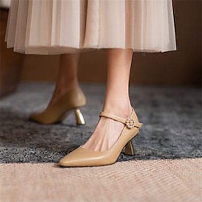 Women's Heels Mary Jane Daily High Heel Pointed Toe Casual Walking Shoes PU Leather Ankle Strap Solid Colored Almond Beige miniinthebox