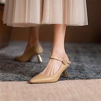 Women's Heels Mary Jane Daily High Heel Pointed Toe Casual Walking Shoes PU Leather Ankle Strap Solid Colored Almond Beige miniinthebox - thumbnail