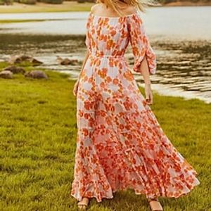 Women's Swing Dress Maxi long Dress Orange 3/4 Length Sleeve Floral Backless Cold Shoulder Print Spring Summer Off Shoulder Casual 2022 S M L XL XXL miniinthebox