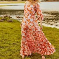 Women's Swing Dress Maxi long Dress Orange 3/4 Length Sleeve Floral Backless Cold Shoulder Print Spring Summer Off Shoulder Casual 2022 S M L XL XXL miniinthebox - thumbnail