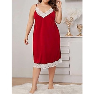 Women's Plus Size Pajamas Nightgown Nightshirt Dress Patchwork Simple Casual Comfort Home Christmas Daily Rayon Breathable Straps Sleeveless Backless Fall Winter Black Wine Lightinthebox