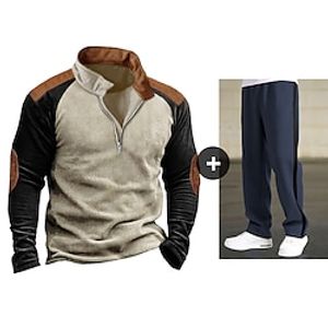 Men's Sweatshirt Hoodies Sweatpants Set Quarter Zip Sweatshirt Khaki Standing Collar Plain Patchwork Drawstring 2 Piece Joggers Trousers Outdoor Daily Sports Streetwear Basic Casual Clothing Apparel Lightinthebox
