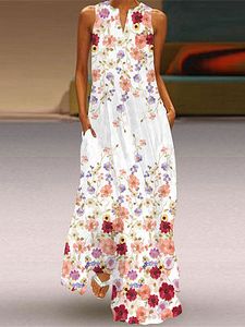 V-Neck Casual Loose Floral Print Resort Sleeveless Maxi Dress