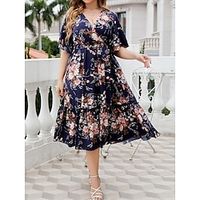 Women's Plus Size Curve Casual Dress Swing Dress A Line Dress Floral Midi Dress Short Sleeve Print V Neck Fashion Daily Dark Blue Summer XL 2XL 3XL 4XL Lightinthebox - thumbnail