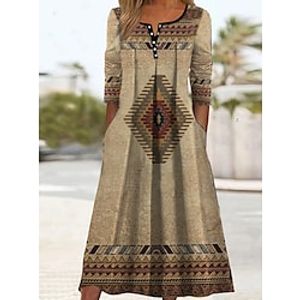 Women's Casual Dress Swing Dress Midi Dress Khaki Half Sleeve Print Button Print Winter Fall V Neck Stylish Casual 2022 S M L XL XXL 3XL Lightinthebox