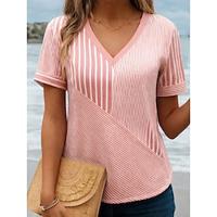 Women's Shirt Striped Daily Vacation Pink Short Sleeve Daily V Neck Summer Spring Lightinthebox - thumbnail