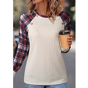 Women's T shirt Tee Textured Plaid Beige Print Button Long Sleeve Daily Weekend Fashion Round Neck Regular Fit Spring   Fall Lightinthebox