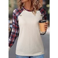Women's T shirt Tee Textured Plaid Beige Print Button Long Sleeve Daily Weekend Fashion Round Neck Regular Fit Spring   Fall Lightinthebox - thumbnail