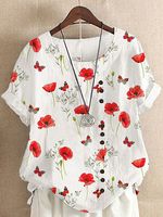 Round Neck Casual Loose Floral Print Short Sleeve Blouse