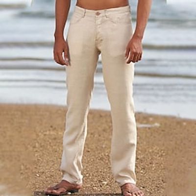 Men's Linen Pants Trousers Summer Pants Beach Pants Front Pocket Straight Leg Plain Comfort Breathable Casual Daily Holiday Linen  Cotton Blend Streetwear Designer White Army Green Lightinthebox
