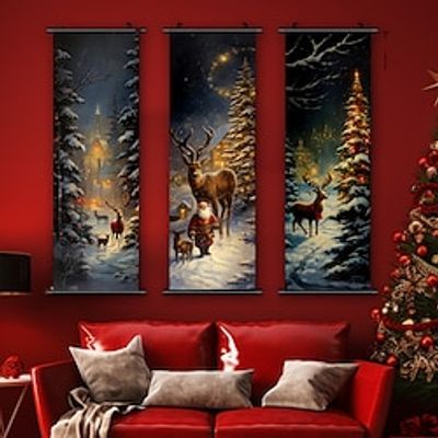 Scroll Painting Deer Christmas Tree Posters For Holiday Parties Print Rolled Canvas Prints - Holiday Modern Art Prints Lightinthebox