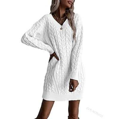 Women's Sweater Dress Casual Dress Mini Dress Blue Pink Beige Gray White Black Long Sleeve Pure Color Knit Winter Fall V Neck Stylish Casual Fall Dress Loose Fit 2022 S M L XL 2XL  Winter Dress Lightinthebox