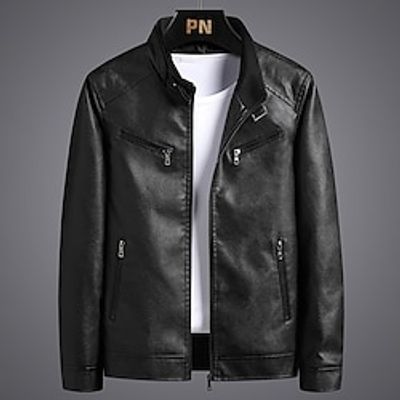 Men's Faux Leather Jacket Biker Jacket Motorcycle Jacket Outdoor Daily Wear Warm Pocket Fall Winter Plain Fashion Streetwear Stand Collar Regular Black Brown Jacket Lightinthebox