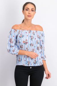 Womens  Off Shoulder Shoulder Stripe With Floral Printed Top  Blue