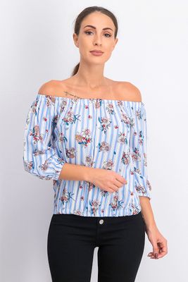 Womens  Off Shoulder Shoulder Stripe With Floral Printed Top  Blue