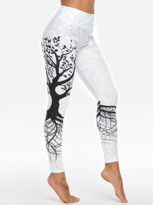 Active Random Floral Print Quick Drying High Waisted Leggings in White