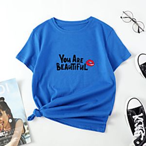 Women's T shirt Lips Letter Print Round Neck Tops Cotton Basic Basic Top White Black Blue miniinthebox