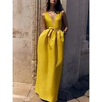 A-Line Evening Gown Elegant Dress Formal Floor Length Sleeveless V Neck Sequined with Bow(s) Pleats 2023 Lightinthebox - thumbnail