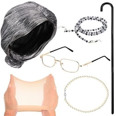 6 Pieces Grandma Accessories Old Lady Costume for Kids Granny Wig Walking Cane Dress up for Women Girls Cosplay Party miniinthebox