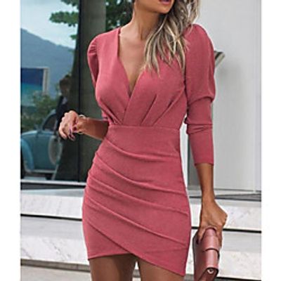 Women's Shirt Dress Short Mini Dress Red Long Sleeve Solid Color Ruched Ruffle Patchwork Summer V Neck Elegant Party Slim 2021 S M L XL miniinthebox