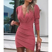 Women's Shirt Dress Short Mini Dress Red Long Sleeve Solid Color Ruched Ruffle Patchwork Summer V Neck Elegant Party Slim 2021 S M L XL miniinthebox - thumbnail
