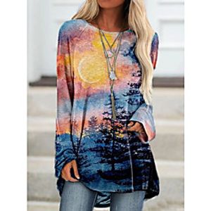 Women's Painting T shirt Dress Scenery Long Sleeve Print Round Neck Basic Tops Rainbow Lightinthebox