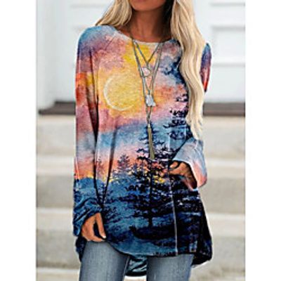Women's Painting T shirt Dress Scenery Long Sleeve Print Round Neck Basic Tops Rainbow Lightinthebox