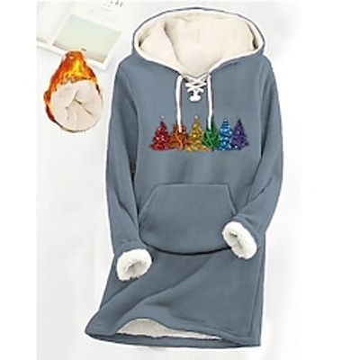 Women's Hoodie Sweatshirt Pullover Sherpa Fleece Lined Christmas Tree Warm Fuzzy Festival Drawstring Front Pocket Print Pink Blue Gray Christmas Casual Hoodie Long Sleeve Top Micro-elastic Fall Lightinthebox