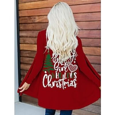 Women's Christmas Jacket Open Front Loose Fit Outerwear Long Sleeve Fall Red Party Costume-Just a Girl Who Loves Christmas Lightinthebox