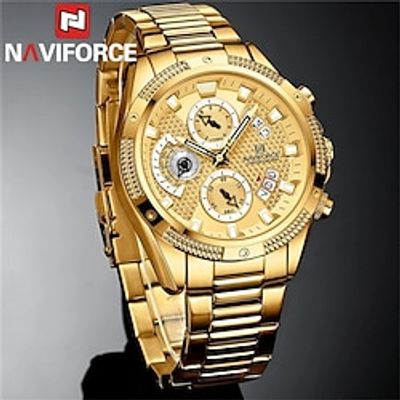 NAVIFORCE Men Watch Luxury Gold Fashion Quartz Clock Analog Chronograph Sport Waterproof Stainless Steel Wristwatch miniinthebox NAVIFORCE Men Watch Luxury Gold Fashion Quartz Clock Analog Chronograph Sport Waterproof Stainless Steel Wristwatch miniinthebox