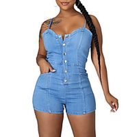 Women's Active Streetwear bodycon Street Club Activewear High Waist Light Blue Romper Solid Color Backless Button miniinthebox - thumbnail