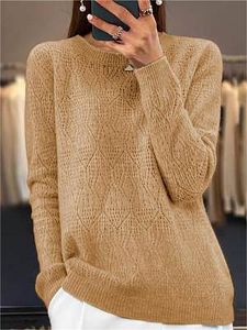 Women's Solid Color Long Sleeve Crew Neck Sweater Hollow Pullover Sweater