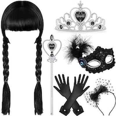 Halloween Black Wig Girls Costume, Halloween Costumes for Kids Girls, Black Outfit Costume Accessories Set for Kid Lightinthebox